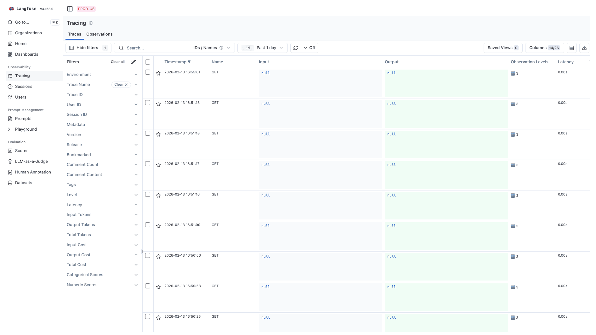 Langfuse traces list showing unwanted GET spans