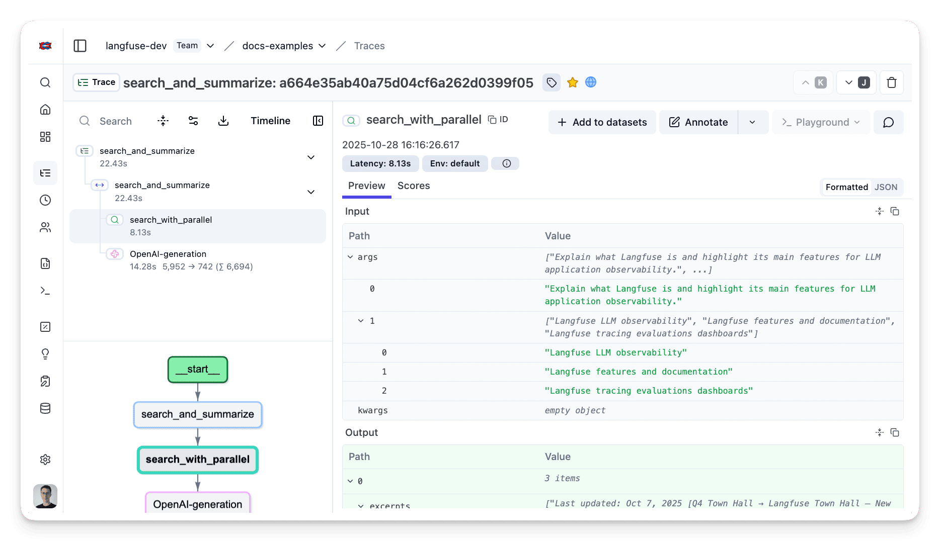 Parallel Example trace in Langfuse UI